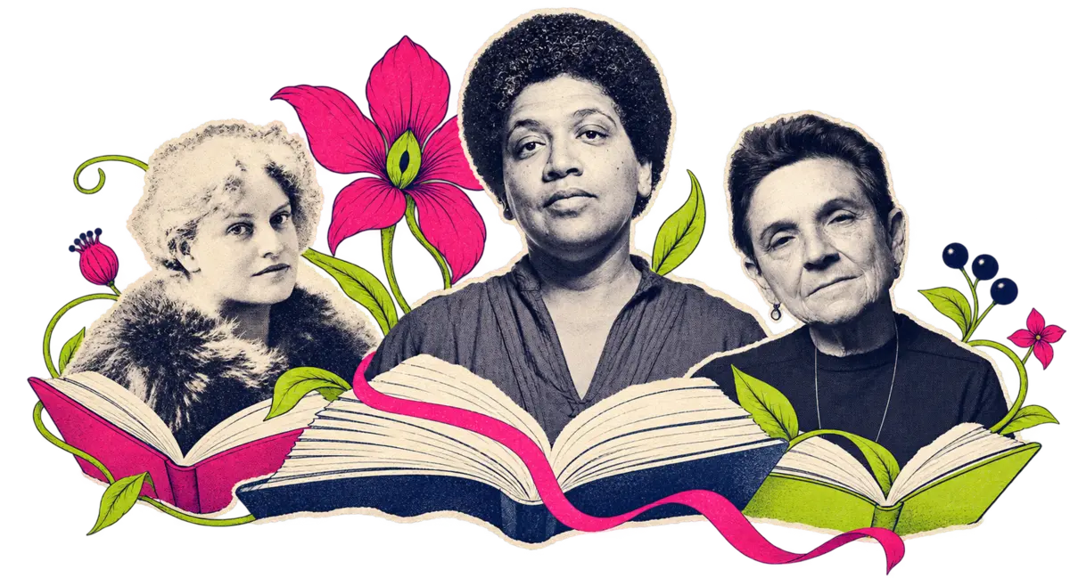 Одри Лорд, Лу Андреас-Саломе и Эдриенн Рич среди раскрытых книг и растений